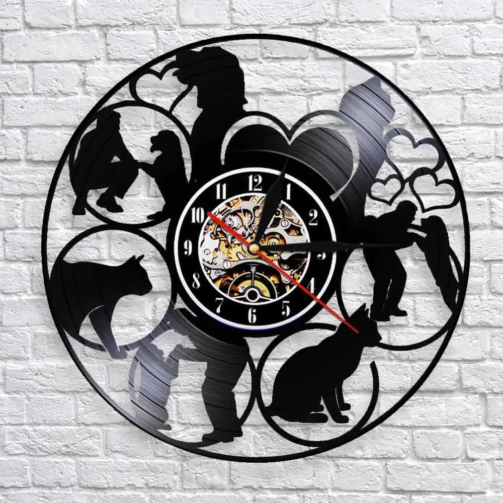 Cat And Dog House Pet Play With People Silhouette Wall Clock Vintage Vinyl Record Hanging Watches Personality Wall Art Decor