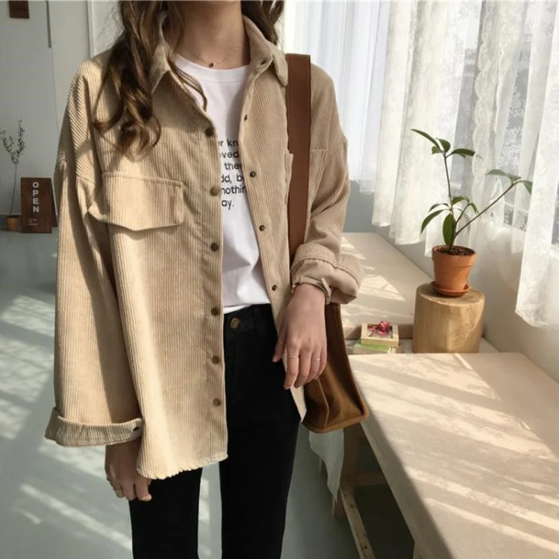 New Shirt 2024 Autumn New Ins Loose And Versatile Corduroy Shirt Women\'s Solid Color Casual Long Sleeve Shirt Coat