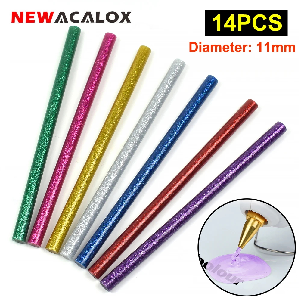 NEWACALOX 14 PCS Colored Glitter Hot Melt Glue Sticks 7 Colors 11*200mm Glue Sticks for Arts Crafts, Home General Repair