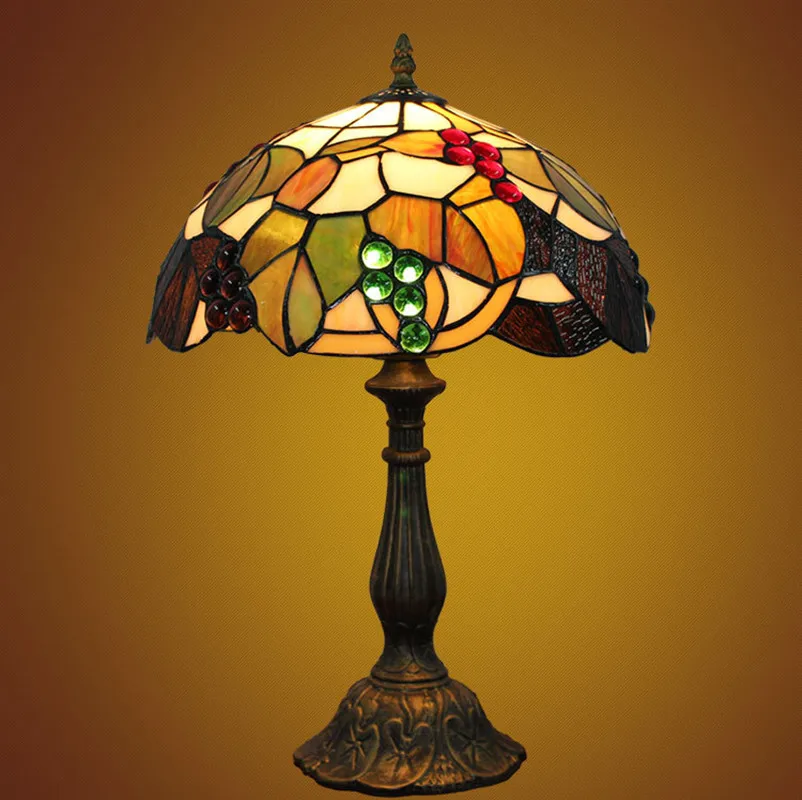 

European Style Tiffany Stained Glass Brown Grape Bedroom Bedside Table Lamp Retro Hotel Room Lighting E27 AC110V 240V