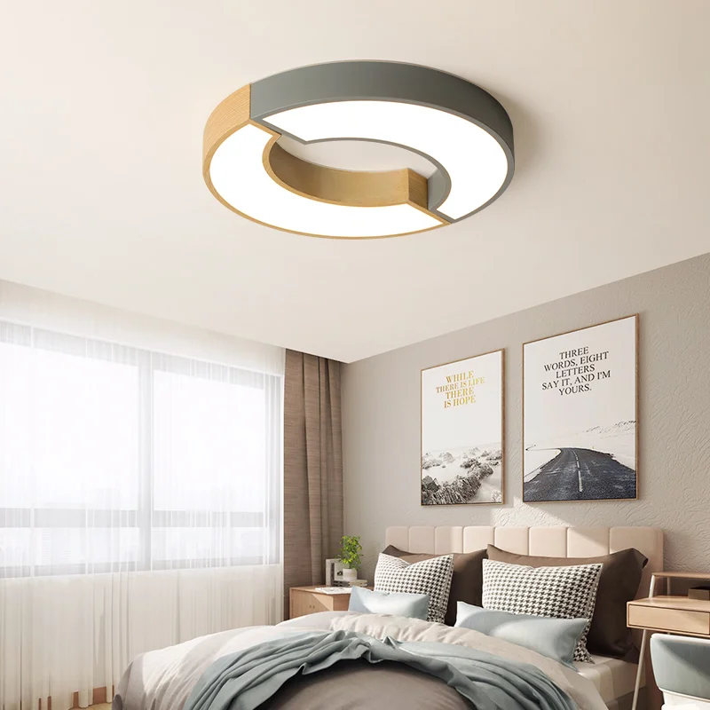 

Round Nordic Bedroom Ceiling Lamp Minimalist Living Room Lamp Creative Modern Green/Grey Wood Home Atmospheric Led Room Lamps