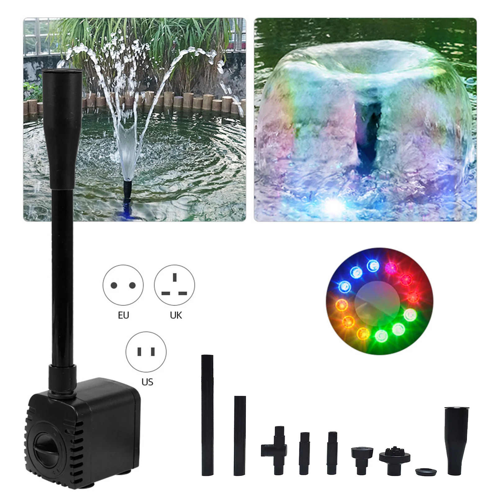 10W/15W Ultra-Quiet Submersible Water Fountain Pump Fish Tank Pond Aquarium Water Pump USB Fountain Pump with 12 LED Light