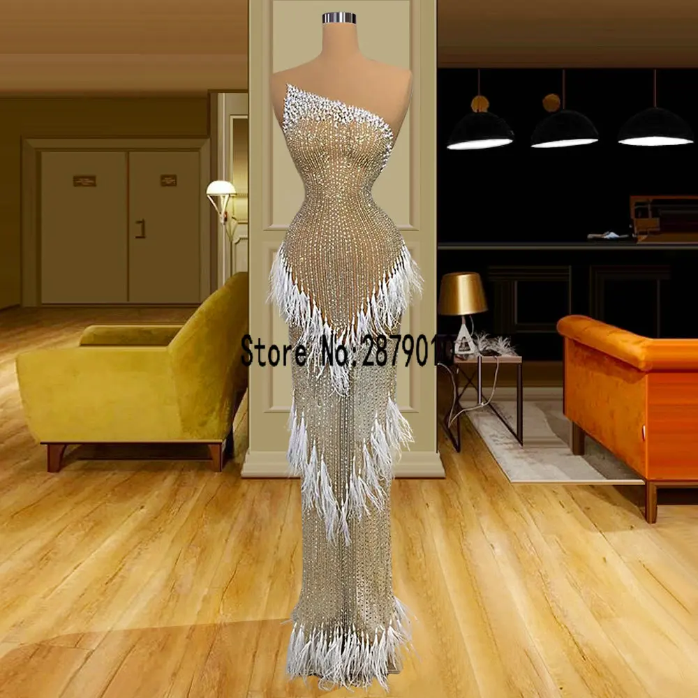 Luxury Full Beading Evening Dresses Sexy See Through Feathers Sheath Evening Gowns Custom Made Formal Dress