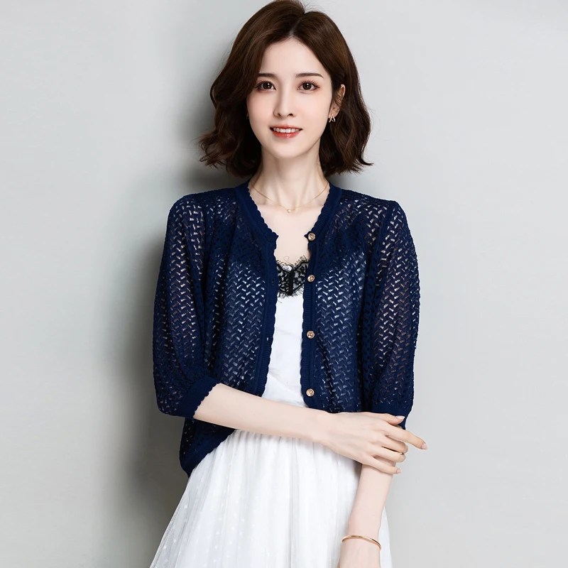 

New Women See Through Knitwear Summer Spring Hollow Thin Knit Coat Buttons Up Knit Cardigan