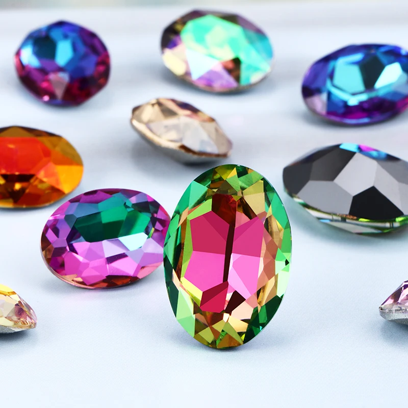 XIAOPU Oval Piontback Loose Rhinestones K9 Glass Colorful Shimmer Fadeproof Strass Crystal Glue on Clothes Jewelry Accessories