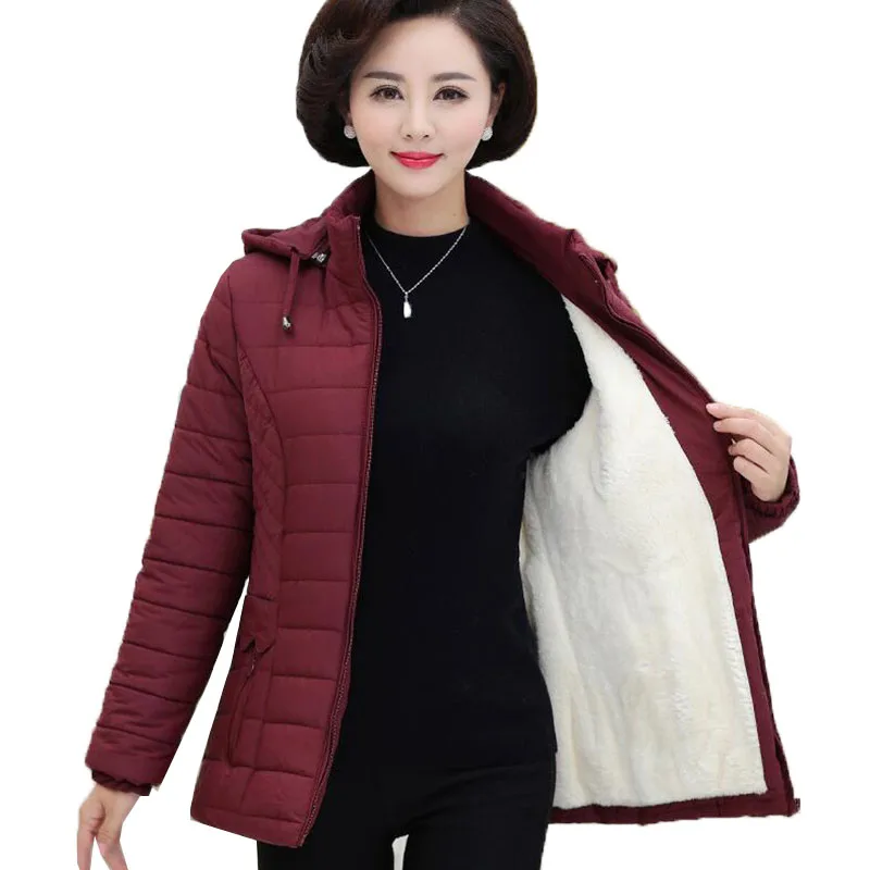 

Middle-aged Women's Parkas Basic Jackets Autumn Winter Add Velvet Lamb Hooded Coats Cotton Winter Jacket Womens Mama Overcoat