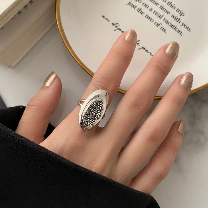 LIVVY Silver Color New Fashion Vintage Creative Geometric Oval Zircon Rings for Women Party Jewelry Birthday Gifts