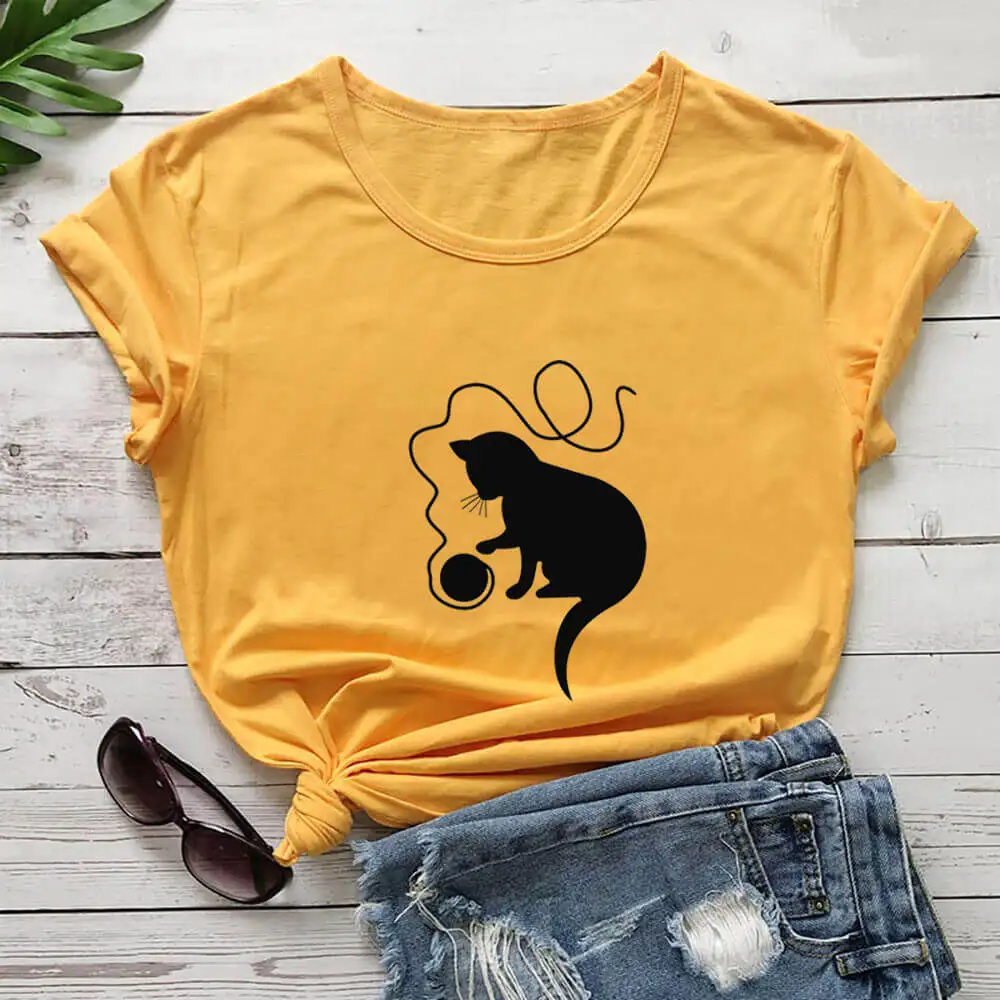 

Playing Cat Pure Cotton Print Women T Shirt Unisex Vacation Funny Summer Casual Short Sleeve Top Cat Mom Shirt Pet Lover Gift