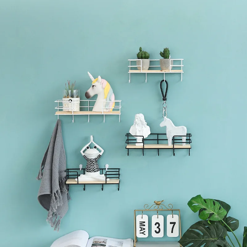 

Simple Iron Wall Storage Rack With Hook Key Chain Hat Towel Frame Home Kitchen Bathroom Decoration Potted Plant Display Shelf