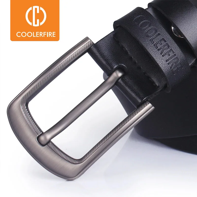 COOLERFIRE Genuine Leather Belt with Pin Buckle Designer Belts for Men Cowskin Fashion Jeans Strap Male Brown Black Belts
