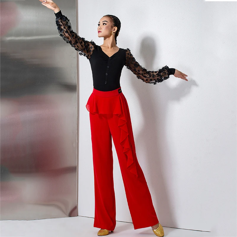 Pantaloni da ballo moderni arruffati pantaloni da donna a vita alta con gamba larga latina abbigliamento da competizione per la danza da sala da ballo femminile 5469