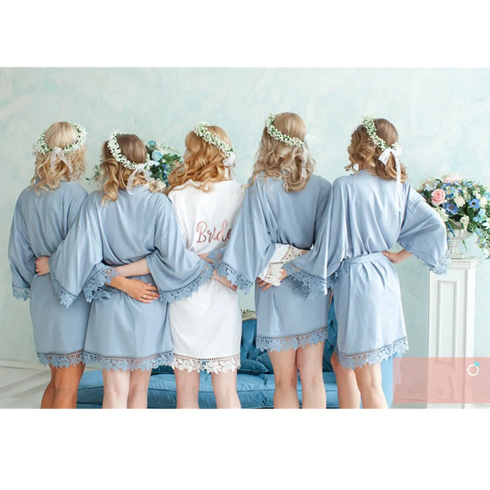 

blue bridal party Robe personalize silk Lace bride Kimono Robes blush bachelorette Nightgown valentines gift Get Ready Bathrobe