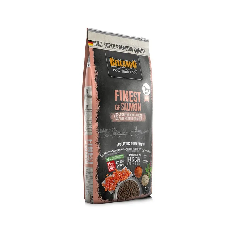 Belando feed for dogs Finest Grain Free Salmon 12,5Kg dog food for adult dogs of small and medium breeds and with sensitivity to cereals or terrestrial animal proteins.