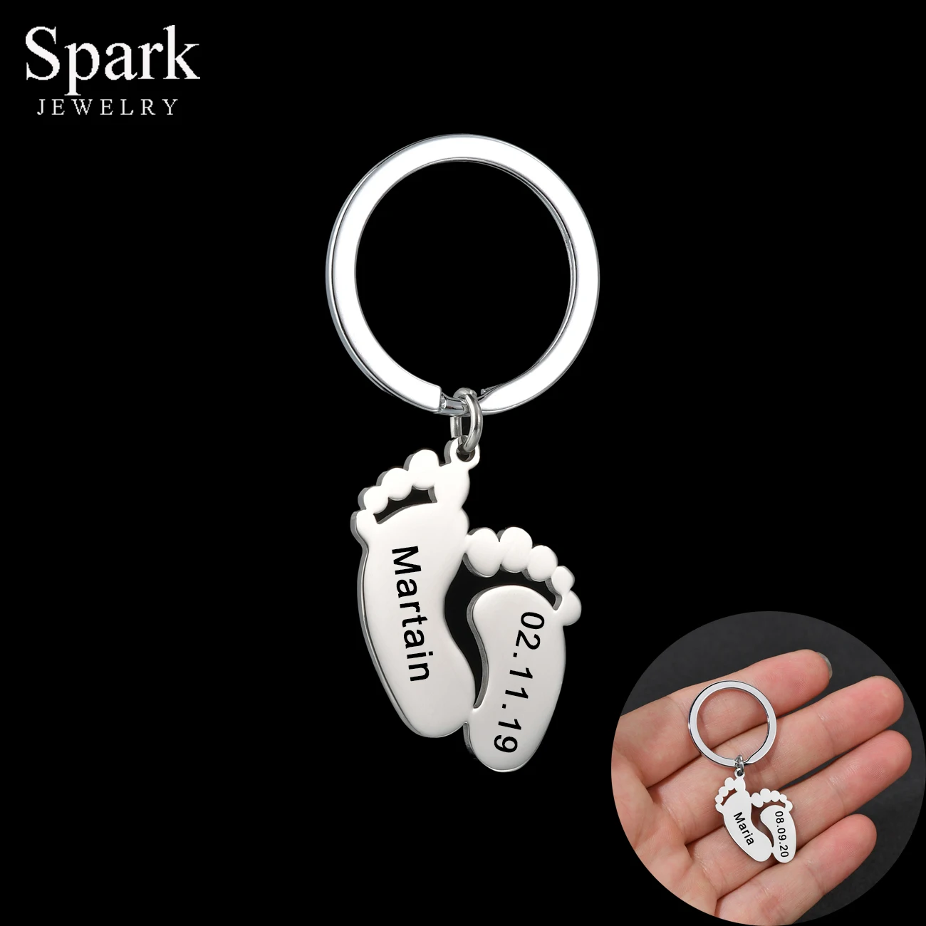 

Spark New Custom Engraved Name Birthdate Key Rings with Two Feet Stainless Steel Personalized Keychains for Kids Jewelry