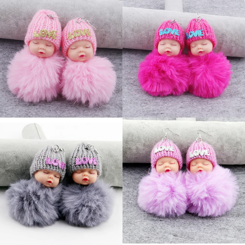 New Cartoon Babies With Hat Pom Pom Pendant Drop Earrings For Women Fluffy Fur Ball Big Dangle Earrrings Fashion Jewelry Gifts