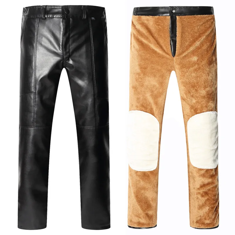 Winter Hot Trousers Male Black Motorcycle Pants PU Leather Plus Size Fluffy Thick Warm Long Casual Faux Leather Moto Bike Pants