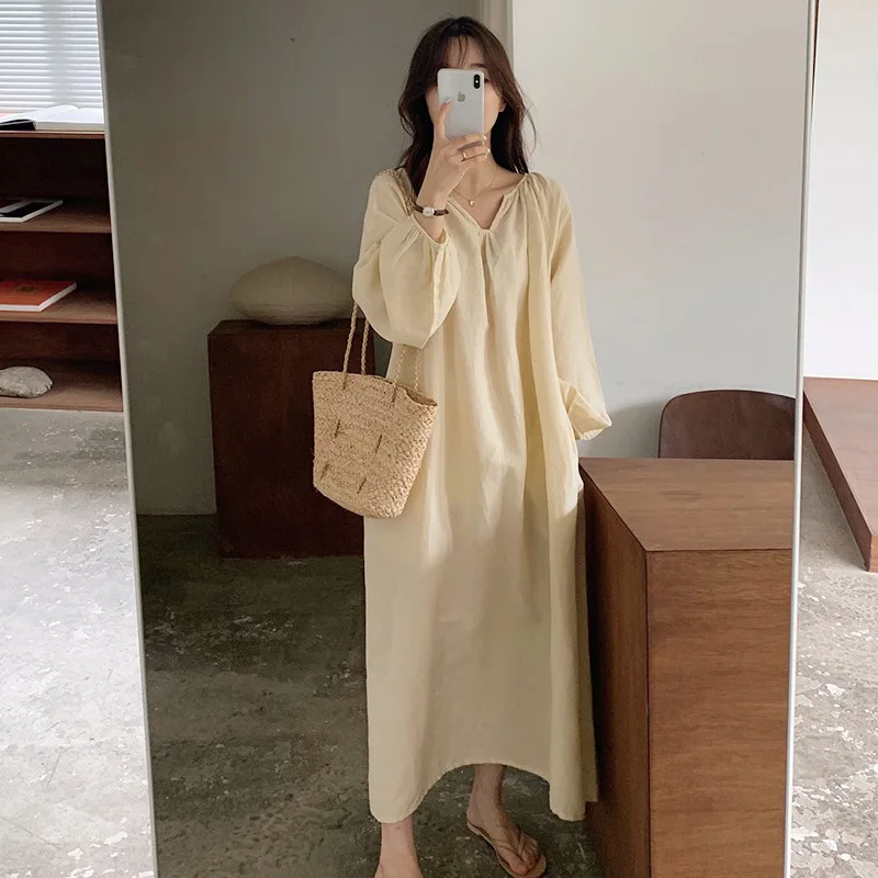 100% Cotton Women Dress Casual Solid V-Neck Long Sleeve Spring Autumn Maxi Long Dresses For Women Comfortable Homewear