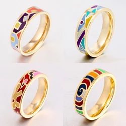 Color Culture Good Quality Gilded Stainless Steel Ring for Women Vintage Face Width 0.6mm Costume Enamel Jewelry Wholesale