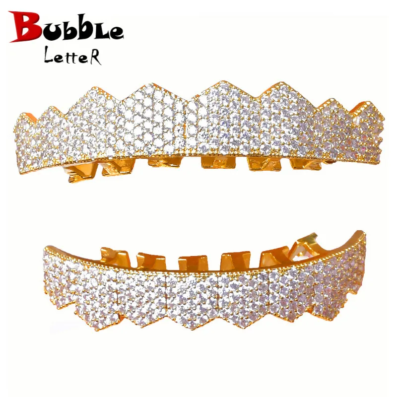 Big Hip Hop Grillz Iced Out CZ Fang Mouth teeth grills Caps Top & Bottom tooth Set Men Women Vampire Grills Fashion Jewelry