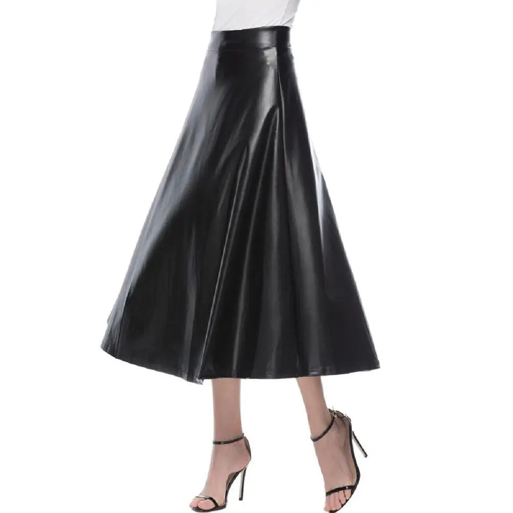 

Women Elegant OL Solid Skirts High Waist Office Lady Zipper Long Skirt Large Swing Party A Line Bottom Fashion PU Leather Skirt