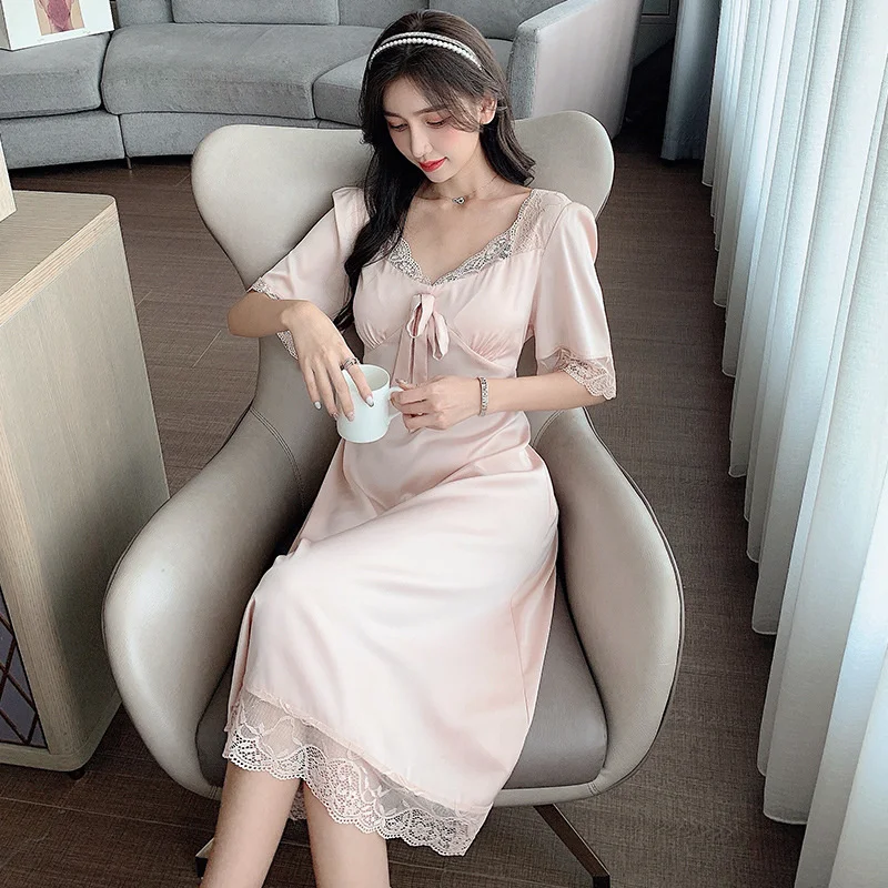 Lisacmvpnel Sexy Nightdress Female Summer Short Sleeve Sweet Girl Lace Hollow Ice Silk Long Design Nightwear