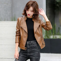 M-5XL New Women Leather Jacket Spring 2024 Fashion Solid Color Slim Short Sheepskin Coat Moto&Biker Style Tops Outerwear Female