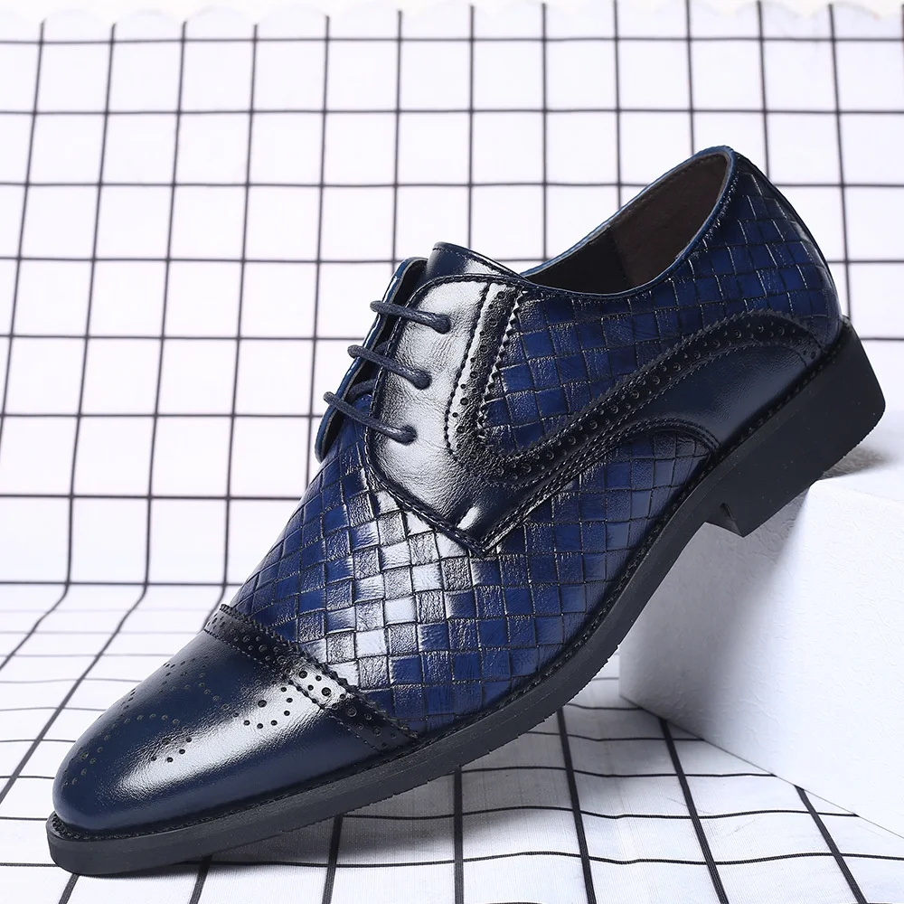 Men\'s Splicing Brogue Shoes Woven Grain Leather Dress Shoes Men Lace-Up Wedding Party Shoes Mens Business Office Oxfords Flats