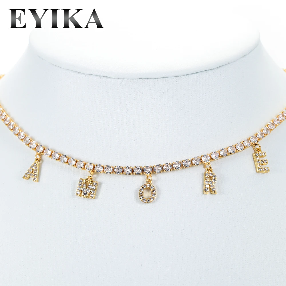 EYIKA Trendy Gold Plated Letter Word DREAM AMORE Pendant Necklace Zircon Tennis Chain Choker Birthday Party Gift Women Jewelry