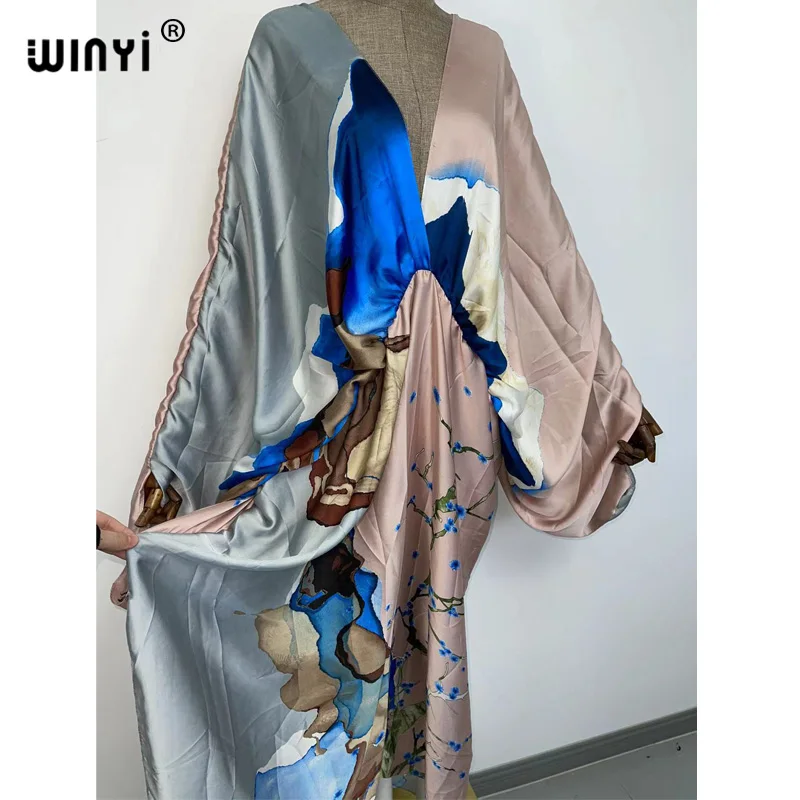 Sexy Beach High-Quality Hand-Rolled Feel Silk Rayon Fashion Print 2021 WINYI Maxi Women's Robes Long Beach V-Neck Bohemian Dress
