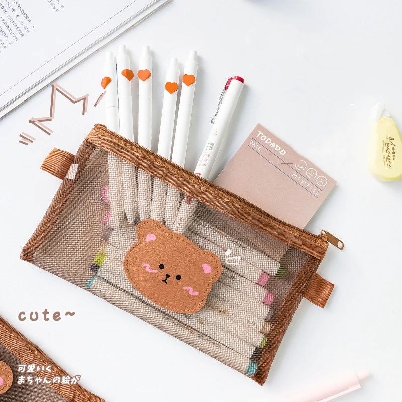 Cute Bear Pencil Bag Pen Case Cartoon Mesh Pack Coffee Color Storage Pouch for Stationery Office School F670