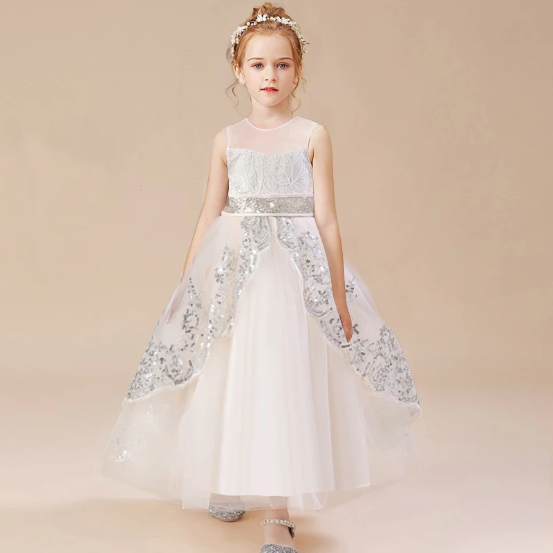 White Long Bridesmaid Kids Dresses For Girls Sequin Gown Party And Wedding Dress Girl Clothing Princess Dress 4 10 12 Years