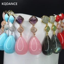KQDANCE Woman Pink Quartz Pearl Blue Turquoise Aquamarine Red Black Agate Natural Gemstones Tear Drop Earrings 925 Silver Needle