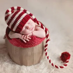 2021 Cute Knitted Stripe Warm Soft Cotton Hat Cap with Long Tails for Newborn Baby Toddlers Merry Christmas Photography Props