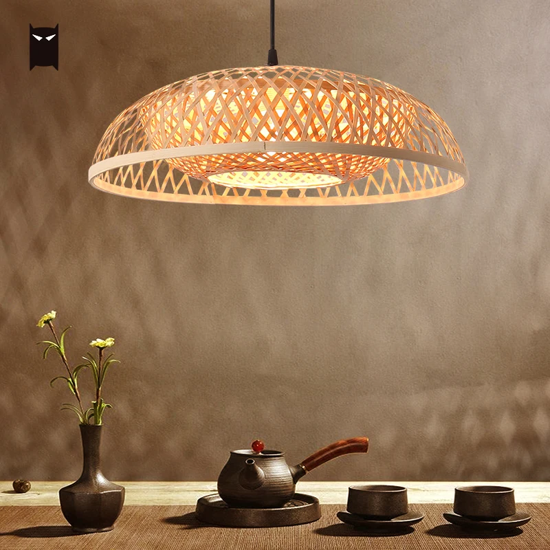 Round Bamboo Wicker Rattan Pendant Light Fixture Modern Japanese Chinese Meditation Hanging Ceiling Lamp Luminaire Dining Room