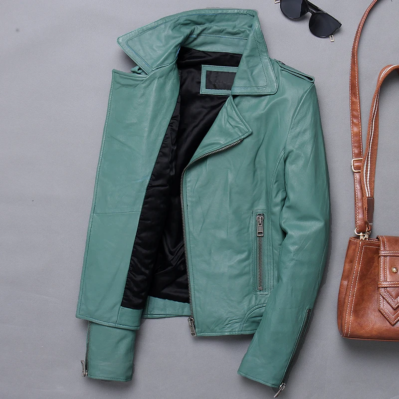 Genuine Leather Jacket Women Short Motorcycle Sheepskin Coat Korean Biker Jacket Slim Women\'s Leather Jackets 2020 X-1228 KJ5668
