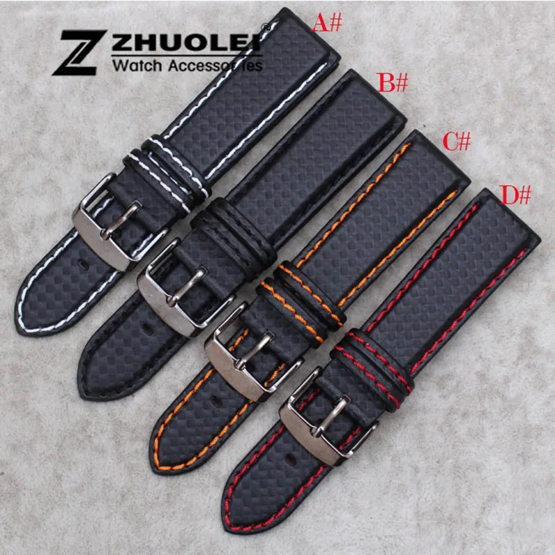 18mm 20mm 22mm 24mm Mens Watch Band Carbon Fibre Watch Strap with Red Stitched + Leather Lining Stainless Steel Clasp watchband