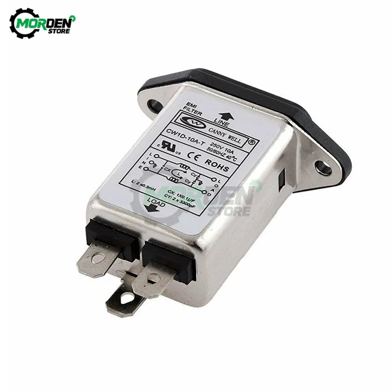 CW1D-10A-T IEC Socket Panel Mount Power Line Power EMI RFI Filter AC 115V-250V 10A 50/60Hz Suppressor Power Line Noise Filter
