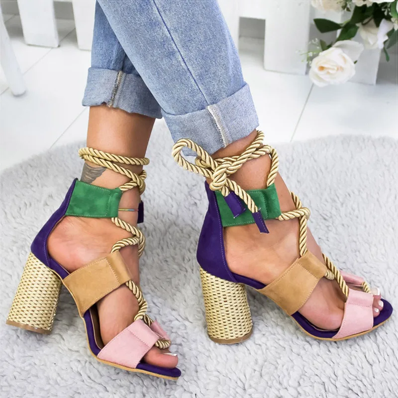 New Women Sandals Lace Up Summer Shoes Woman Heels Sandals Pointed Fish Mouth Gladiator Sandals Woman Pumps Hemp Rope High Heels