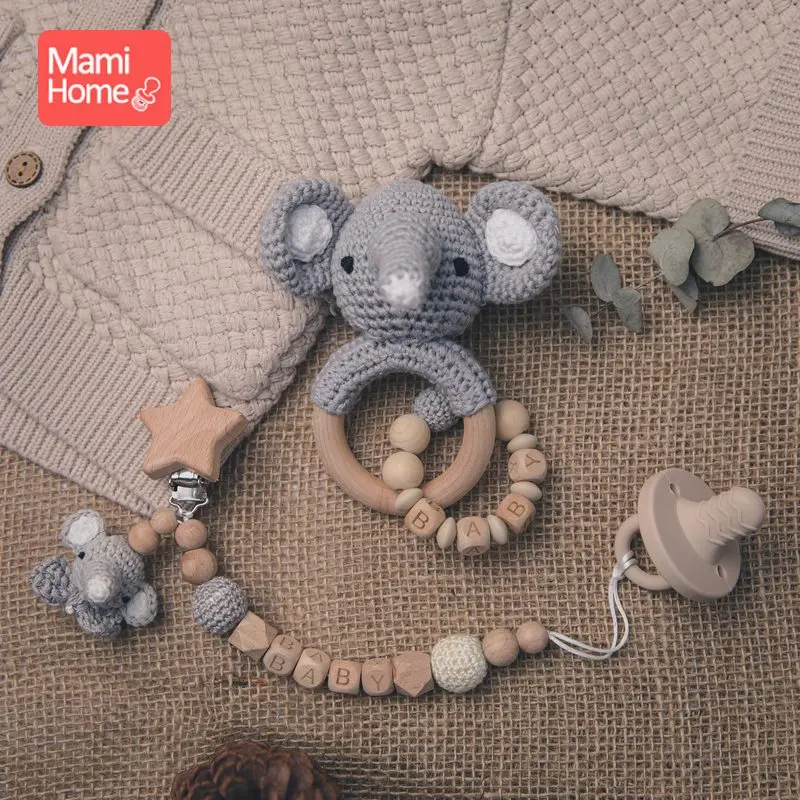 1pc Baby Dummy Pacifier Chain Wooden Nipple Clips Crochet Rattle Rodent Animal Nipple Holder BPA Free Baby Teether Nurse Gifts