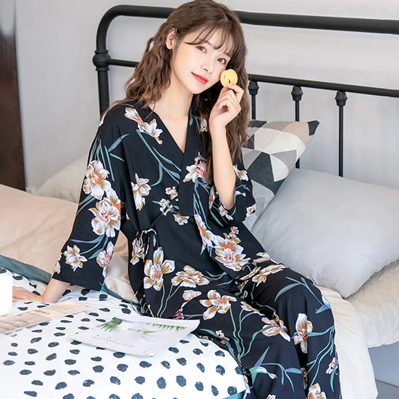 Women Sexy Pajama Sleepwear Sets Floral Printed Pyjama Femme Robe for Ladies Home Suit Spring Summer Nightwear Pijama 3 Pieces