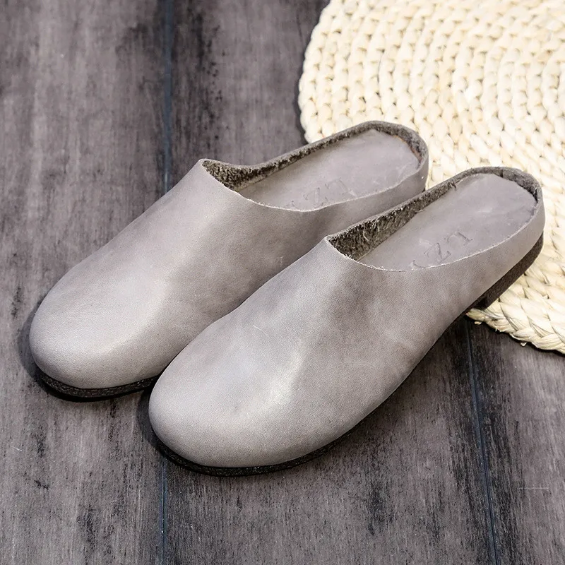 2021 Women Slippers Retro Ladies Flat Heel Slides Summer Outdoor Beach Genuine Leather Shoes Closed Toe Female Flip Flops