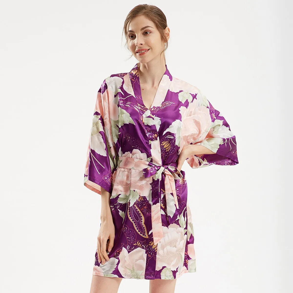 Kimono de satén para mujer, bata de baño Sexy con estampado de flores, camisón sedoso para novia, dama de honor, bata de boda, ropa de dormir suave para el hogar