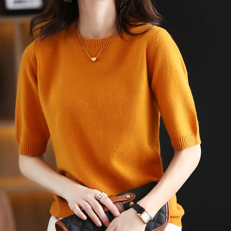 Hot Sale 100% Wool Cashmere Women\'s Sweaters And Pullovers Autumn Female O-Neck Clothing Short SLeeve Soft Jumper Tops Spring