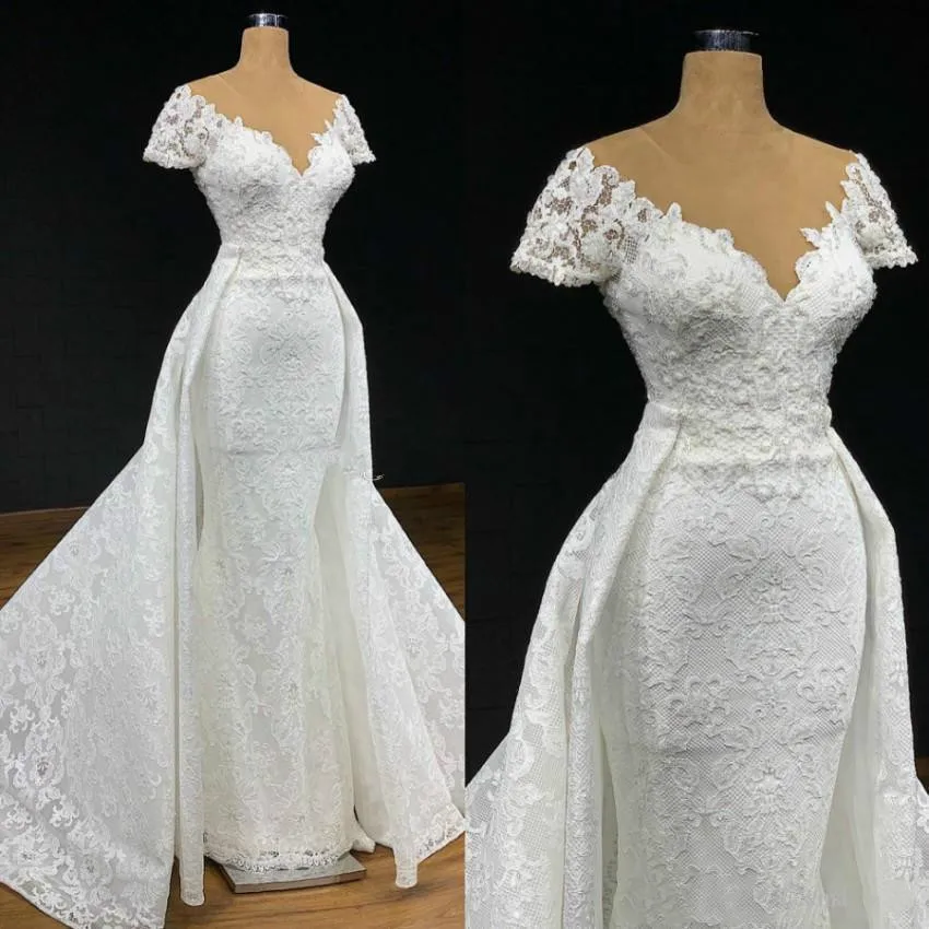 Luxury Lace Applique Wedding Dresses with Detachable Train 2021 Jewel Neck Mermaid Trumpet Princess Bridal Gown Robe De Mariée