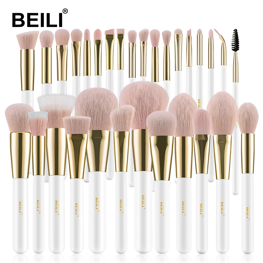 

BEILI White Gold Makeup Brushes Professional Foundation Eyeshadow Powder High Quality Pink Synthetic Brush Set кисти для макияжа
