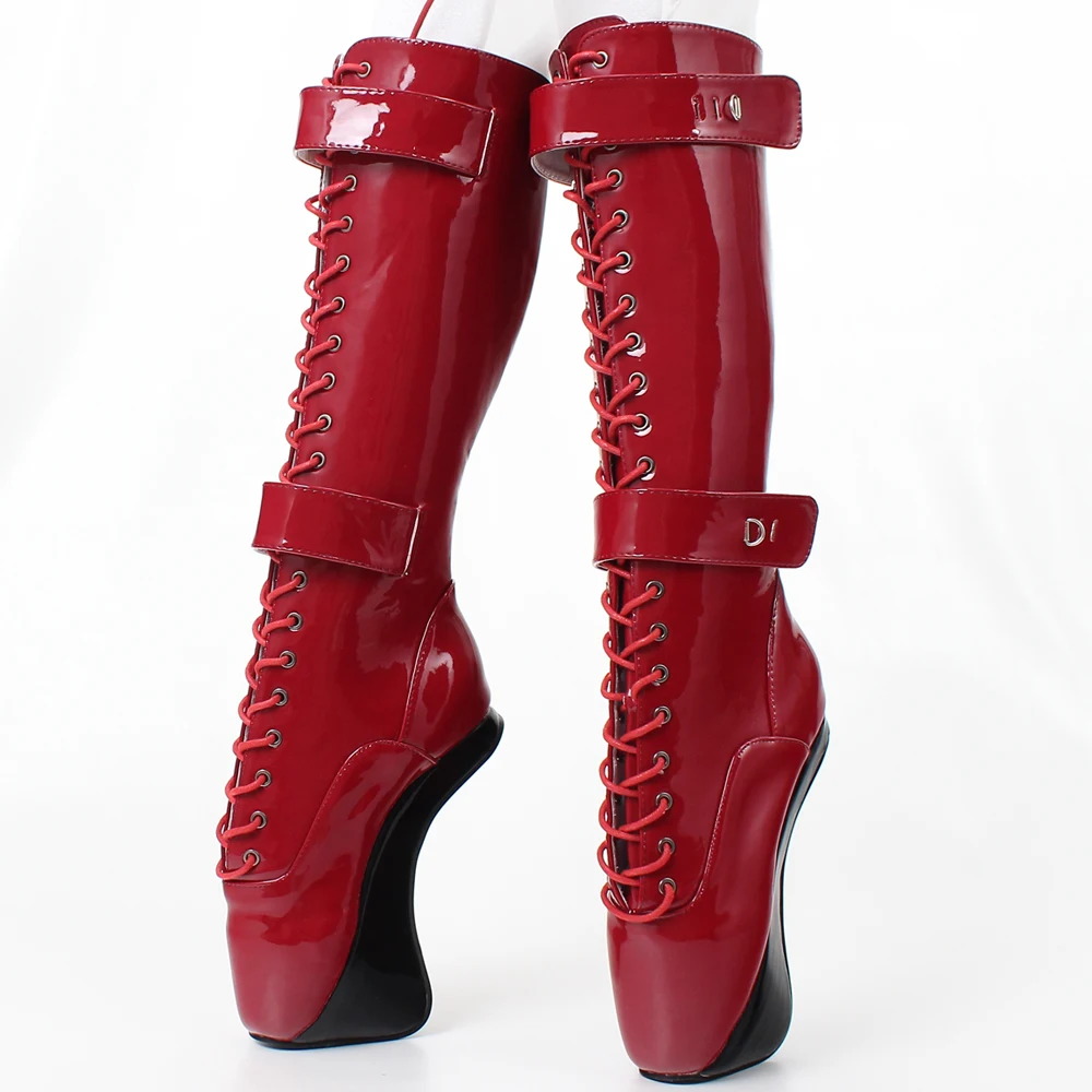 jialuowei Rubber Ballet Boots Women 18cm Ultra High Hoof Heels Lockable Padlocks Fetish Sexy Lace Cross-Tied Knee-High Boots