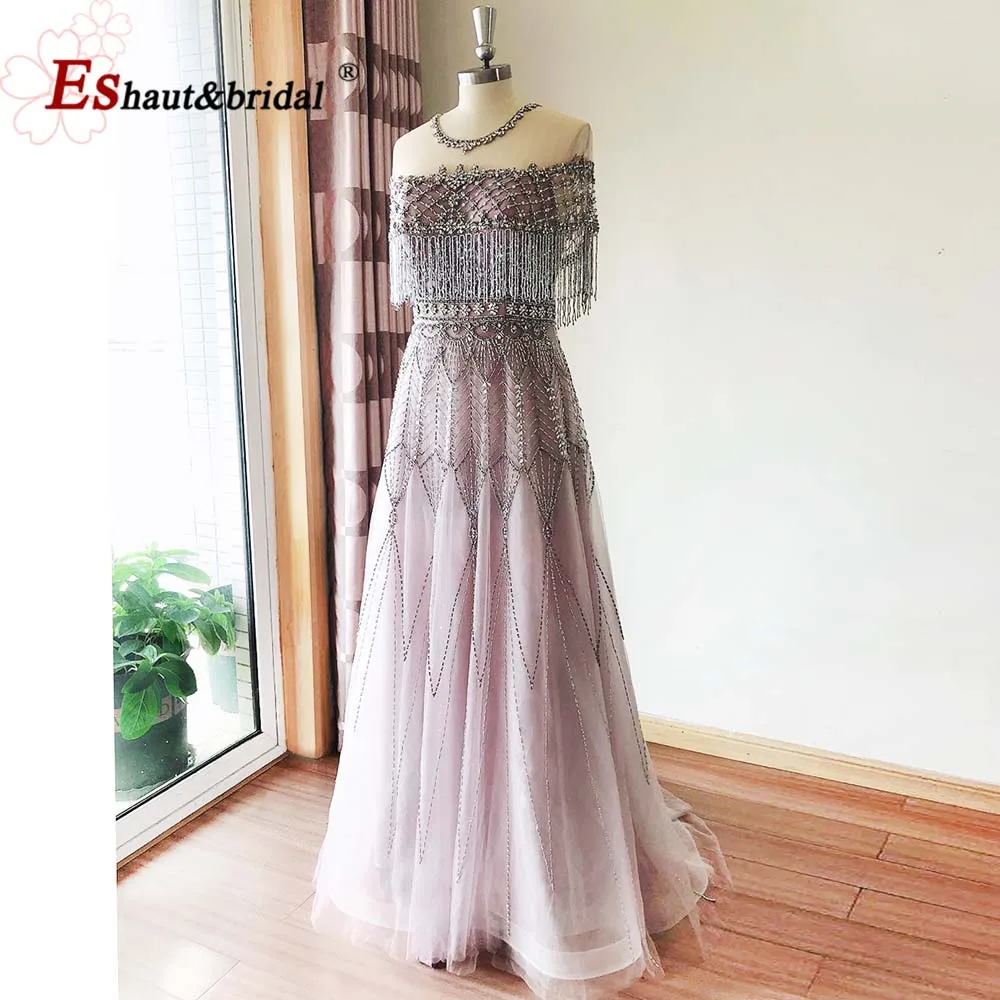 Luxury Aline Evening Night Dress for Women 2023 O Neck Sleeveless Crystal Handmade Beads Tassel Formal Prom Wedding Party Gowns