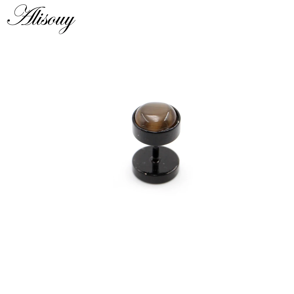 Alisouy 2pcs Punk Rock Black Stainless Steel Round Stones Women Men Unisex Barbell Ear Stud Dumbbell Earrings Pierceing Jewelry