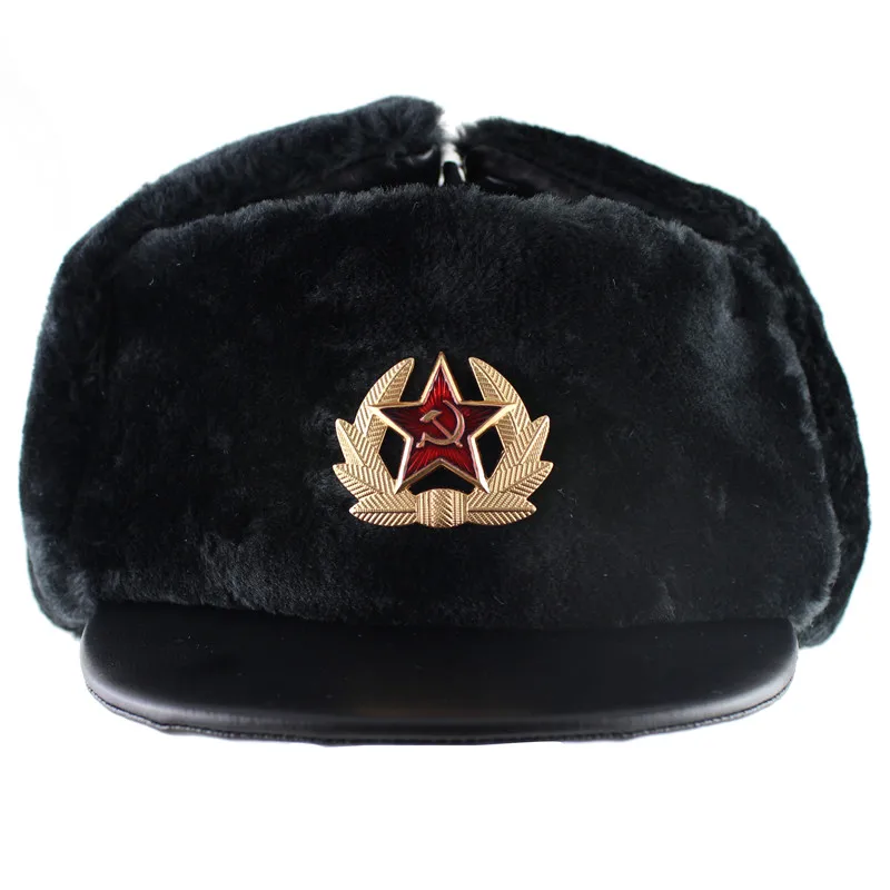 Soviet Army Military Badge Russia Ushanka Bomber Hats PU Leather Trapper trooper Hat Winter Faux Rabbit Fur Earflap Men Snow Cap