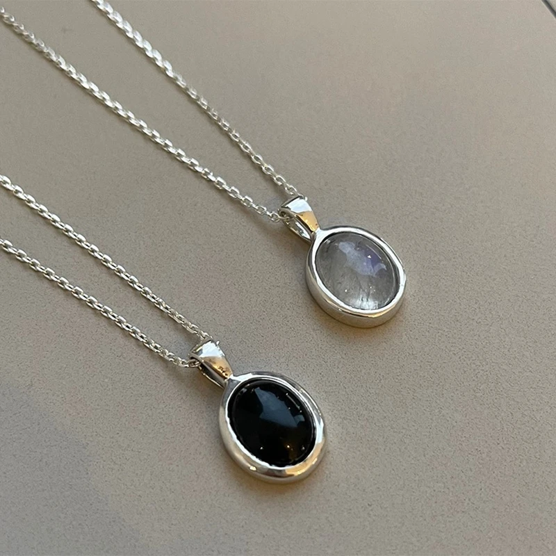 Silvology 925 Sterling Silver Black Agate Pendant Necklace for Women Oval White Crystal Luxury Simple Necklace Birthday Jewelry